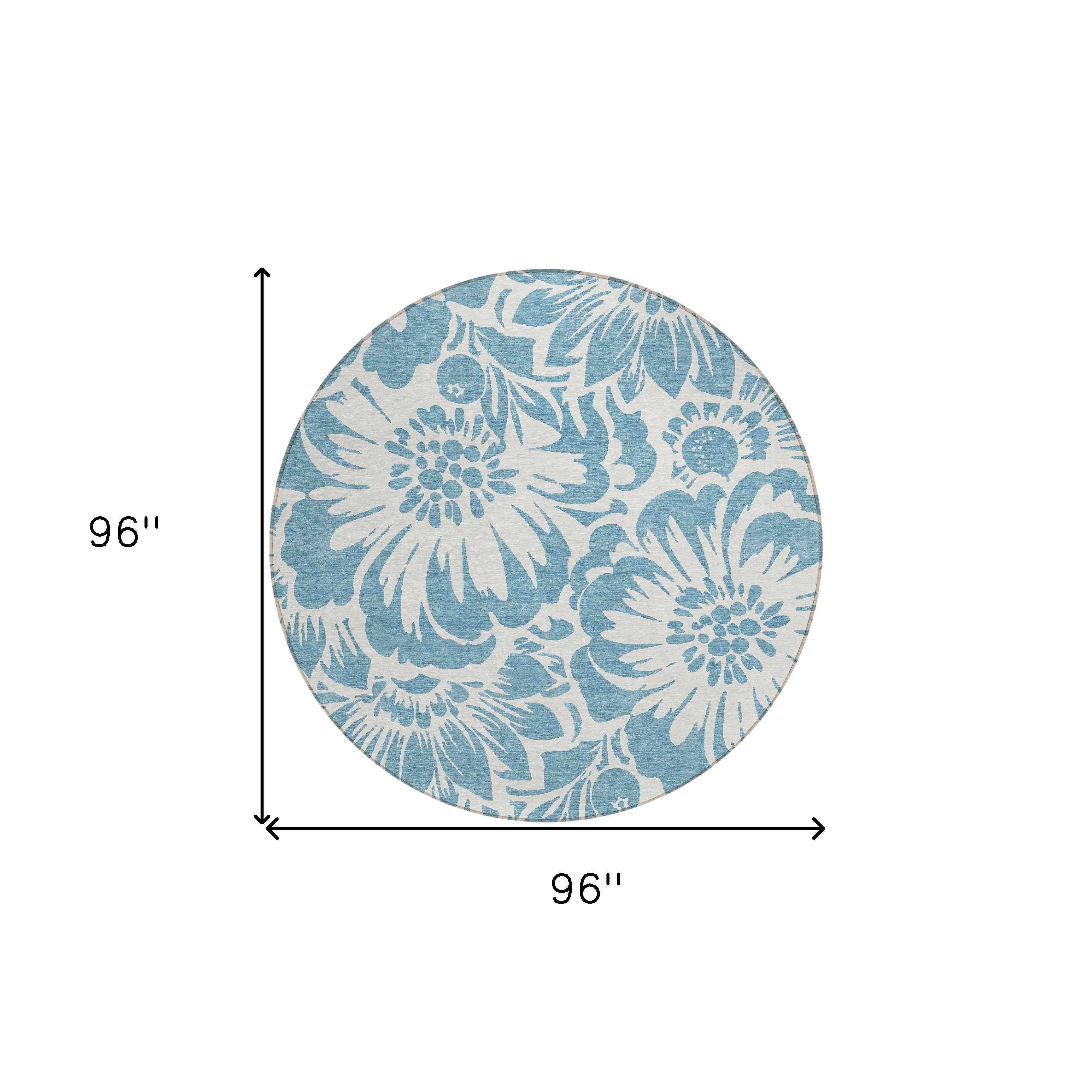 8' Round Denim and Ivory Round Floral Washable Non Skid Indoor Outdoor Area Rug