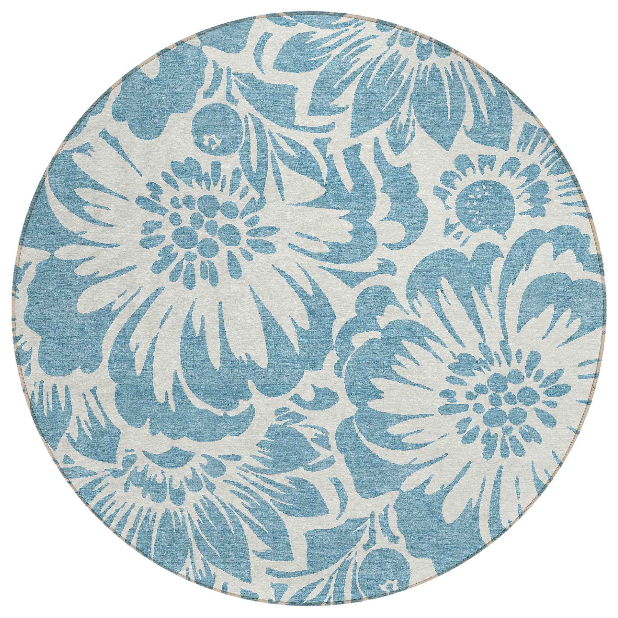 8' Round Denim and Ivory Round Floral Washable Non Skid Indoor Outdoor Area Rug