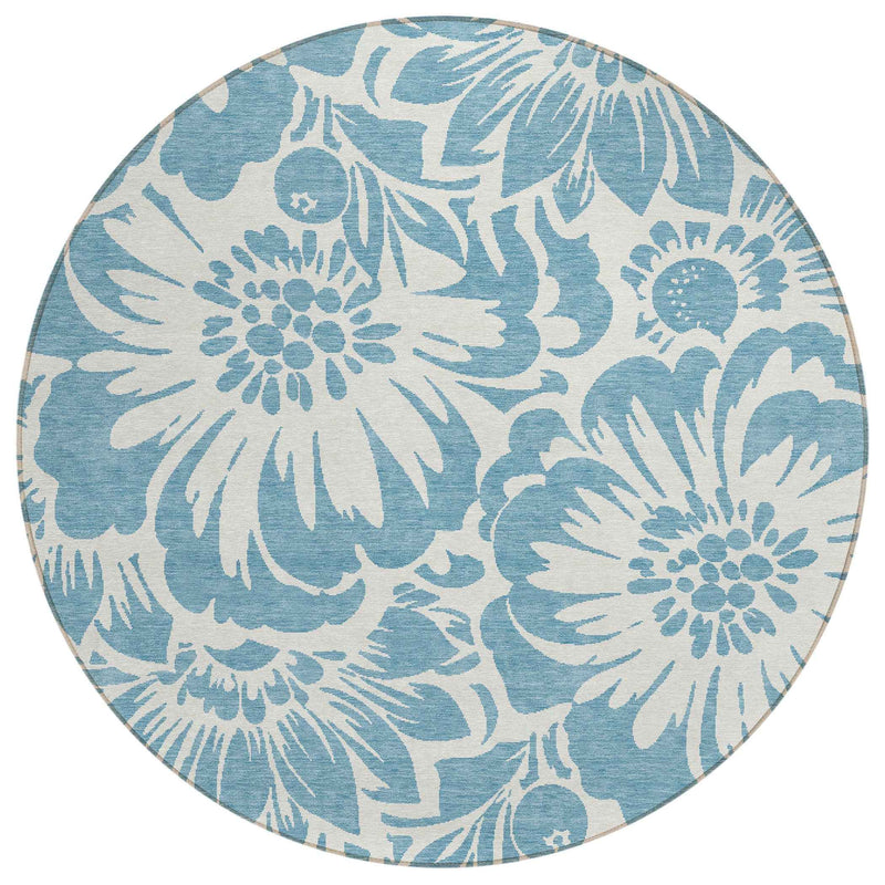 8' Round Denim and Ivory Round Floral Washable Non Skid Indoor Outdoor Area Rug