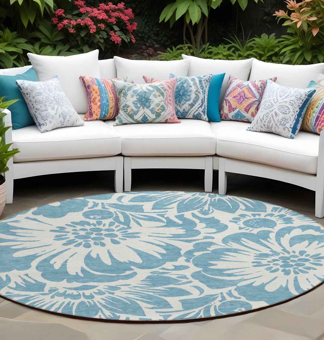 8' Round Denim and Ivory Round Floral Washable Non Skid Indoor Outdoor Area Rug