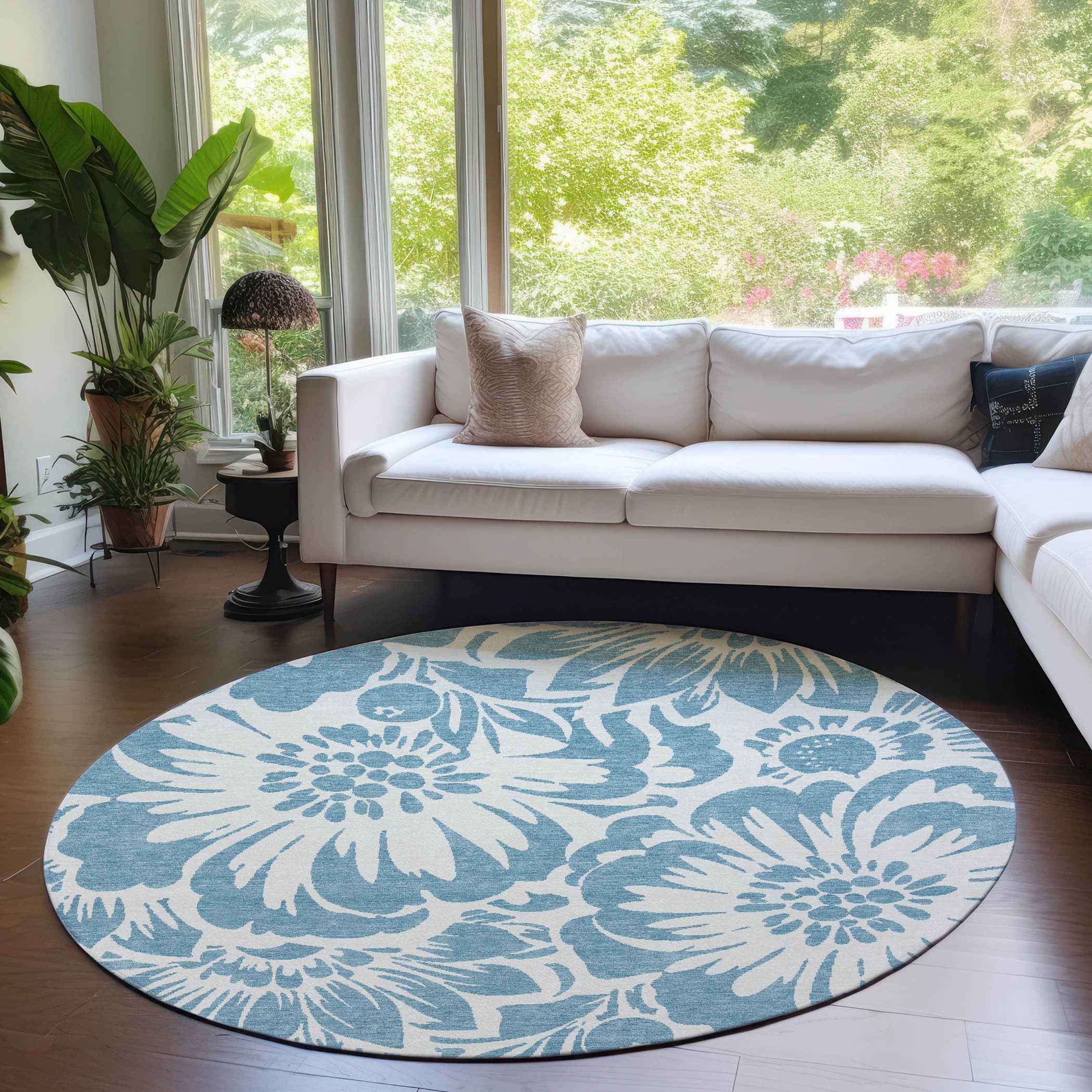 8' Round Denim and Ivory Round Floral Washable Non Skid Indoor Outdoor Area Rug