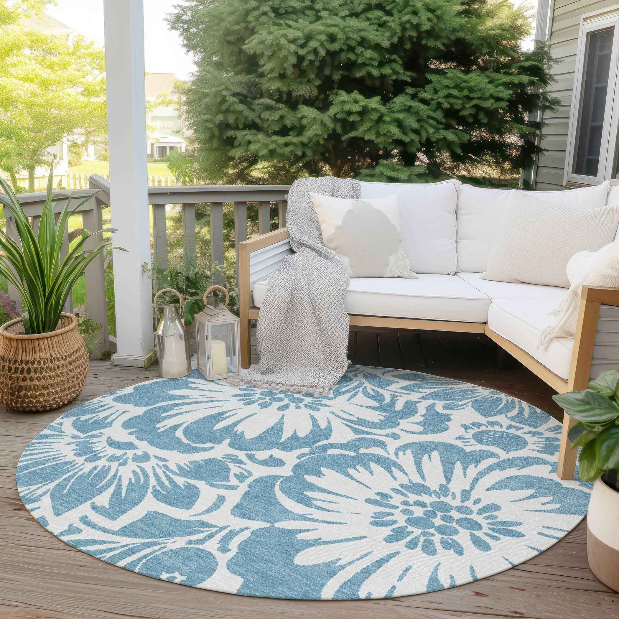 8' Round Denim and Ivory Round Floral Washable Non Skid Indoor Outdoor Area Rug