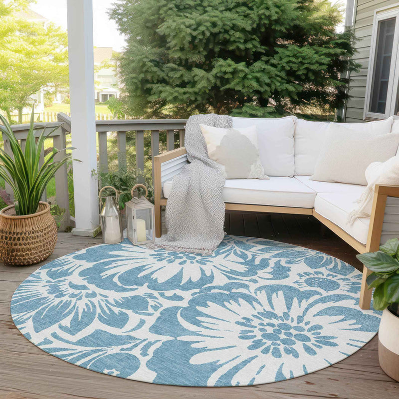 8' Round Denim and Ivory Round Floral Washable Non Skid Indoor Outdoor Area Rug