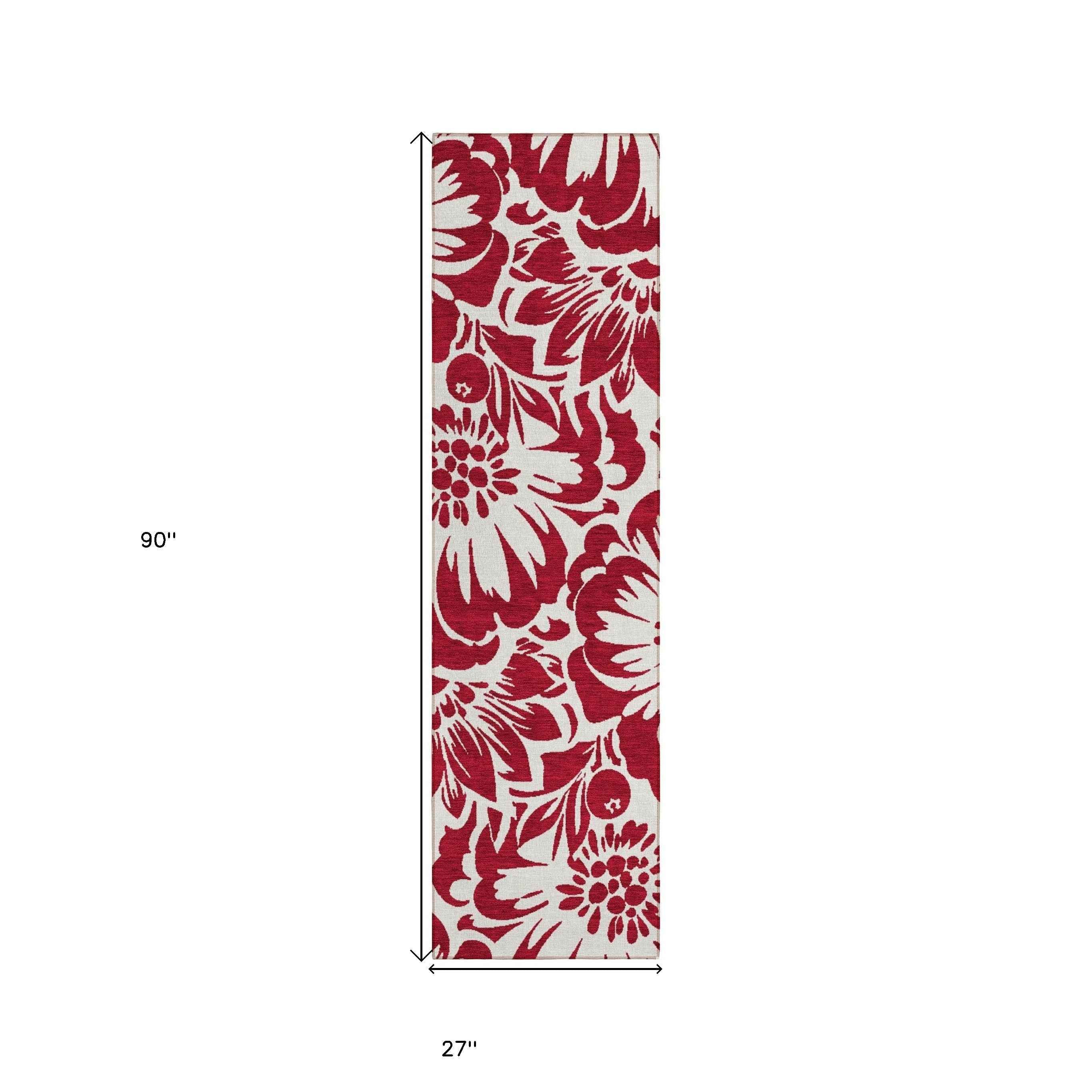 8' Runner Burgundy and White Floral Washable Non Skid Indoor Outdoor Runner Rug