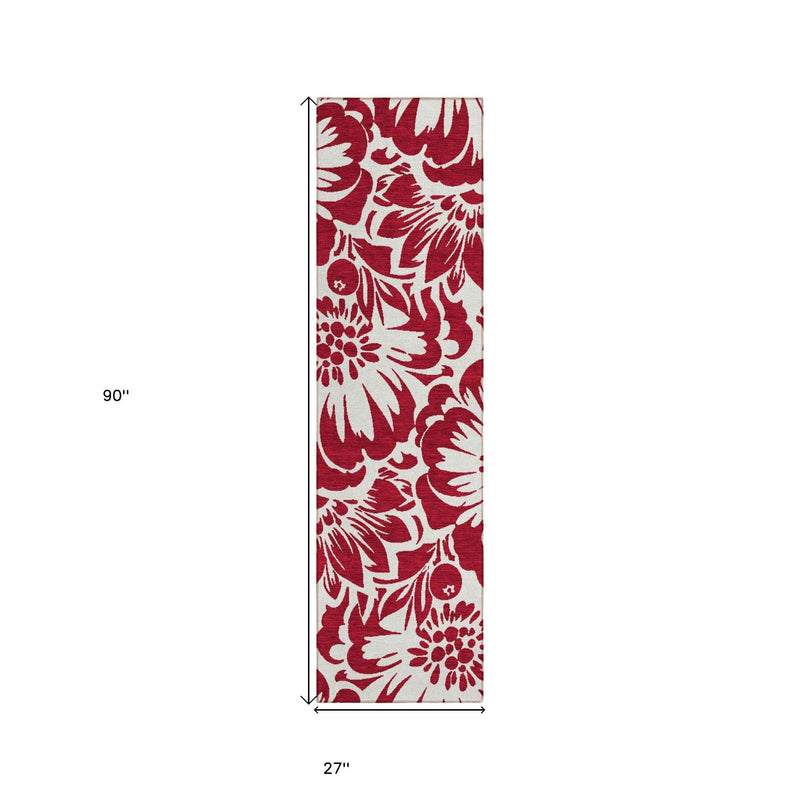 8' Runner Burgundy and White Floral Washable Non Skid Indoor Outdoor Runner Rug
