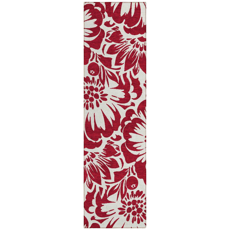 8' Runner Burgundy and White Floral Washable Non Skid Indoor Outdoor Runner Rug