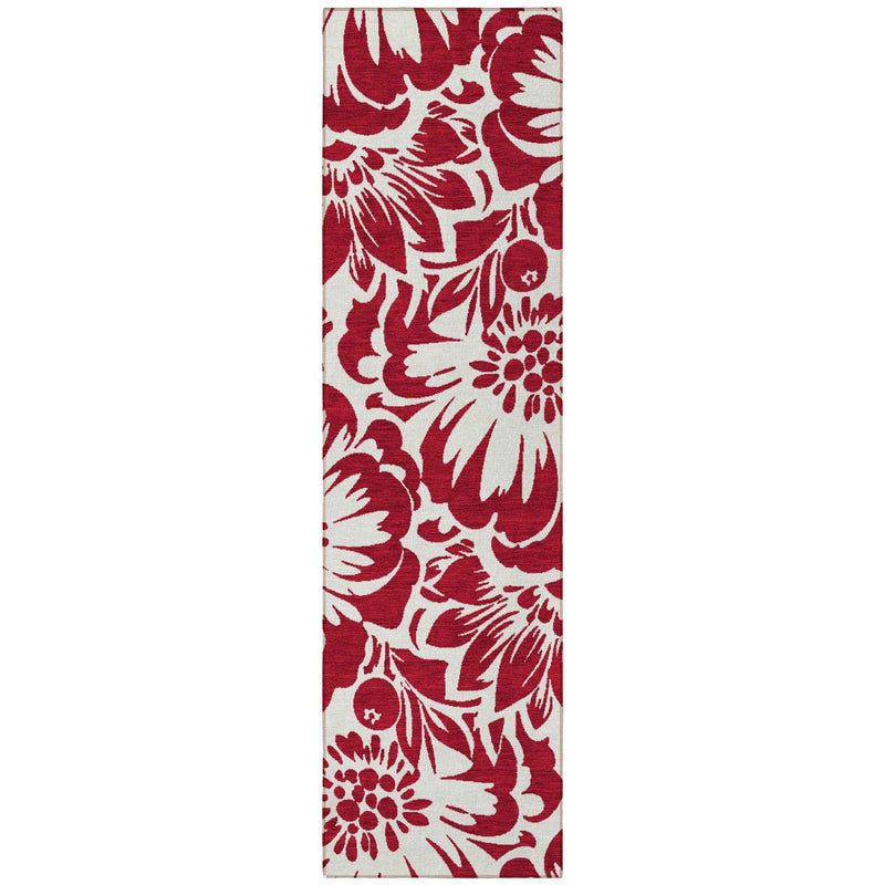 8' Runner Burgundy and White Floral Washable Non Skid Indoor Outdoor Runner Rug