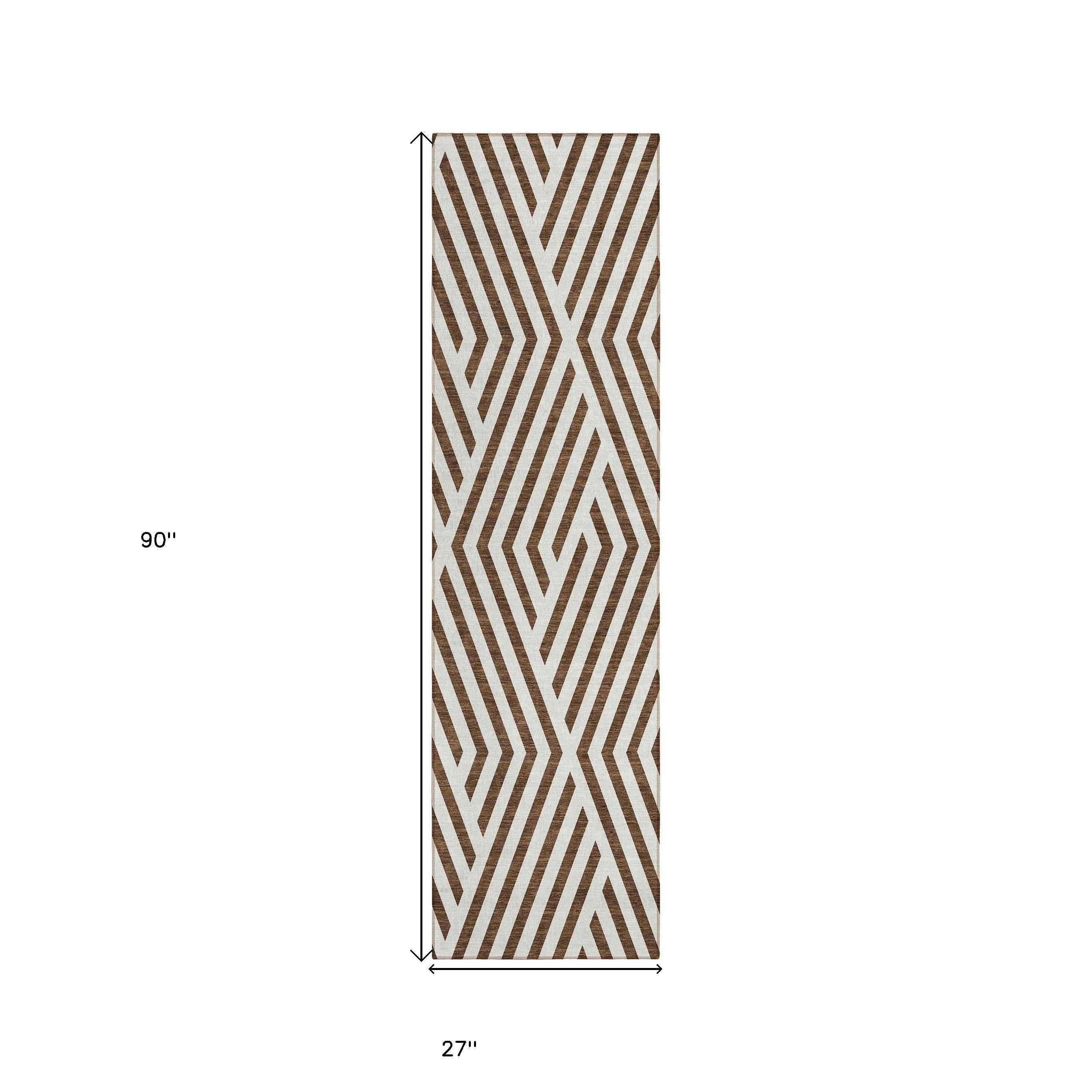 8' Runner Brown and White Geometric Washable Non Skid Indoor Outdoor Runner Rug