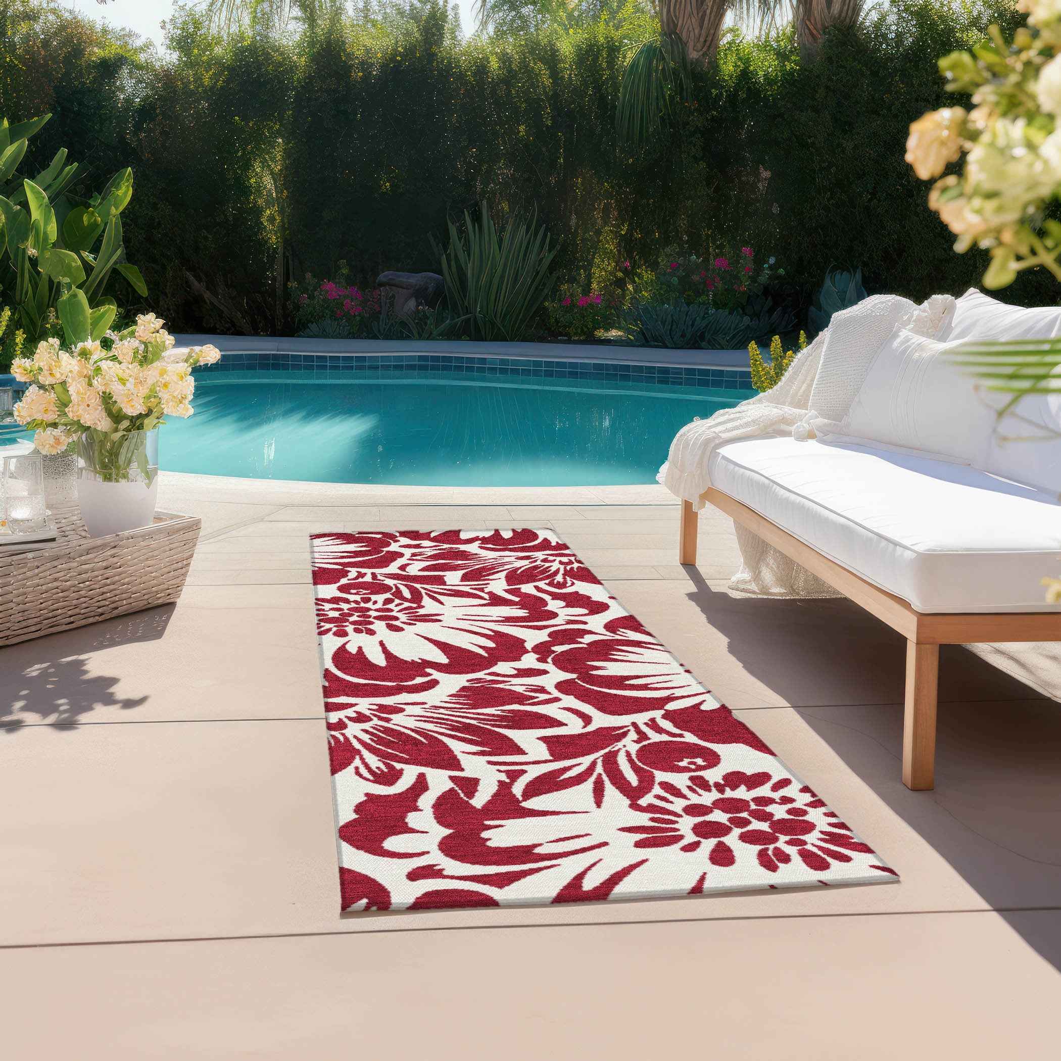 8' Runner Burgundy and White Floral Washable Non Skid Indoor Outdoor Runner Rug