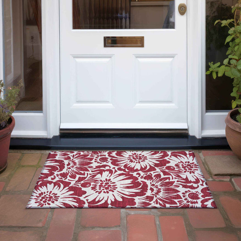 2' X 3' Burgundy and White Floral Washable Non Skid Indoor Outdoor Area Rug