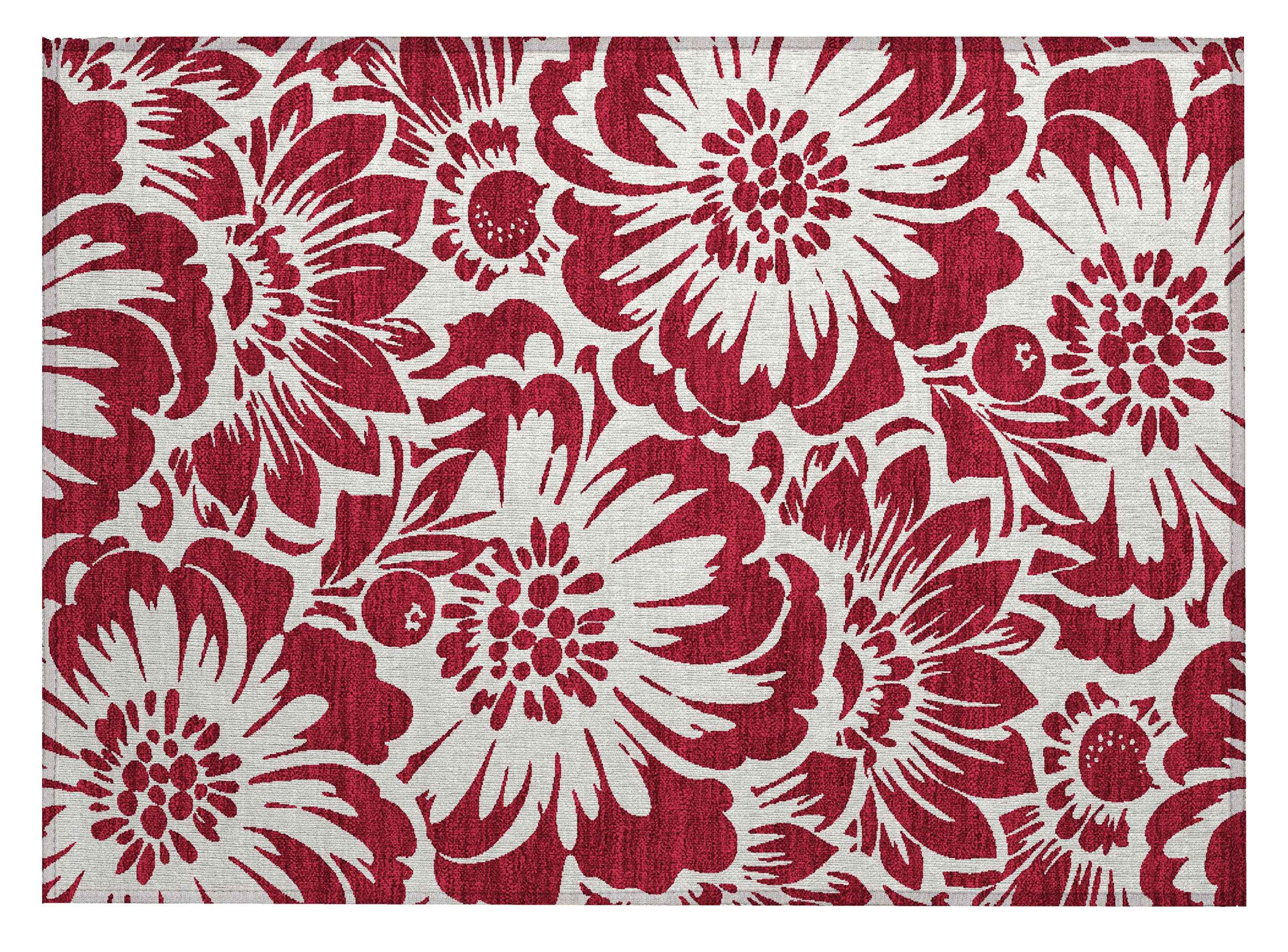 2' X 3' Burgundy and White Floral Washable Non Skid Indoor Outdoor Area Rug