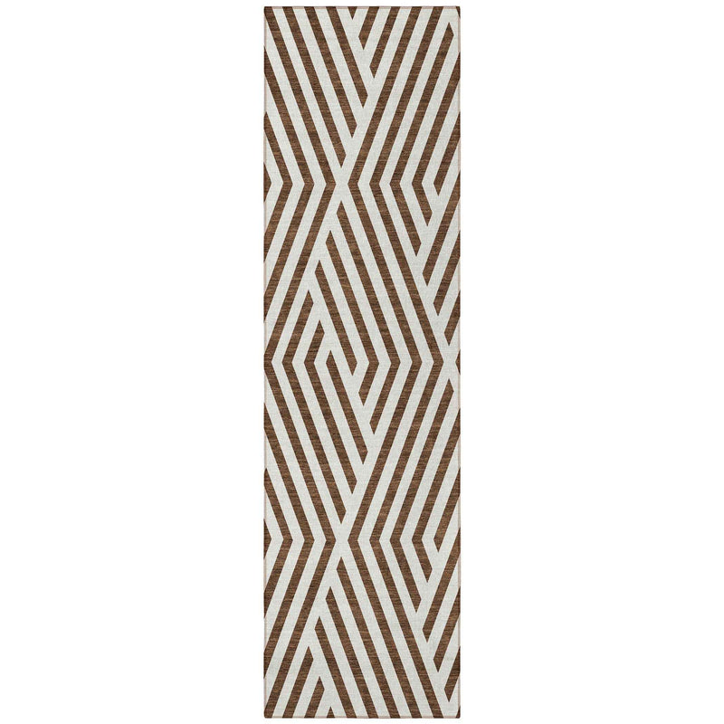 8' Runner Brown and White Geometric Washable Non Skid Indoor Outdoor Runner Rug