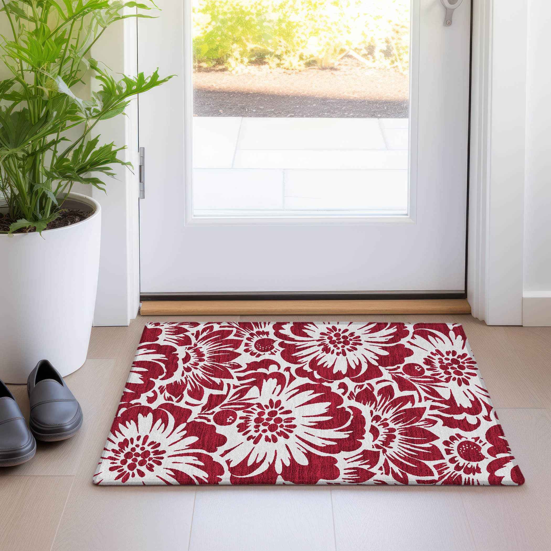2' X 3' Burgundy and White Floral Washable Non Skid Indoor Outdoor Area Rug