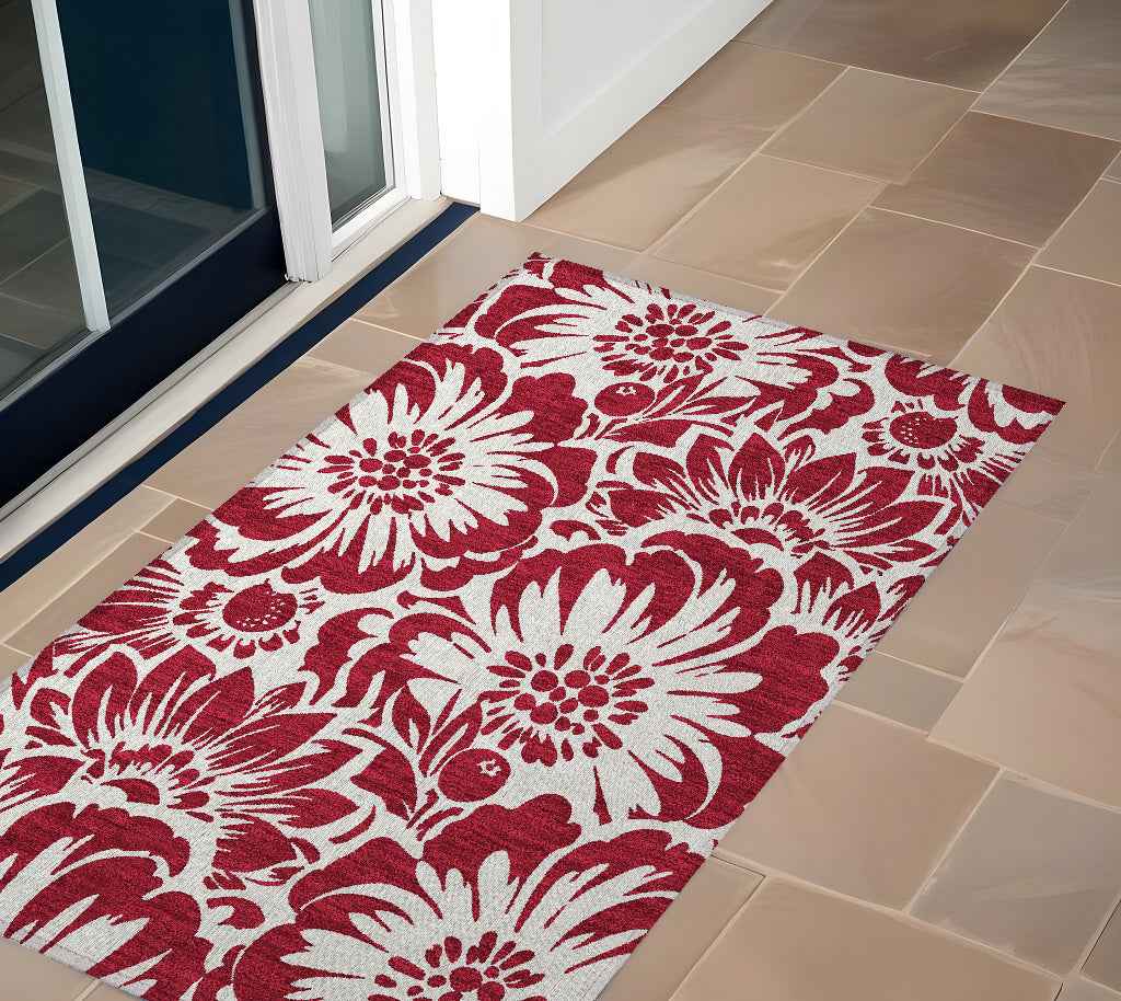 2' X 3' Burgundy and White Floral Washable Non Skid Indoor Outdoor Area Rug