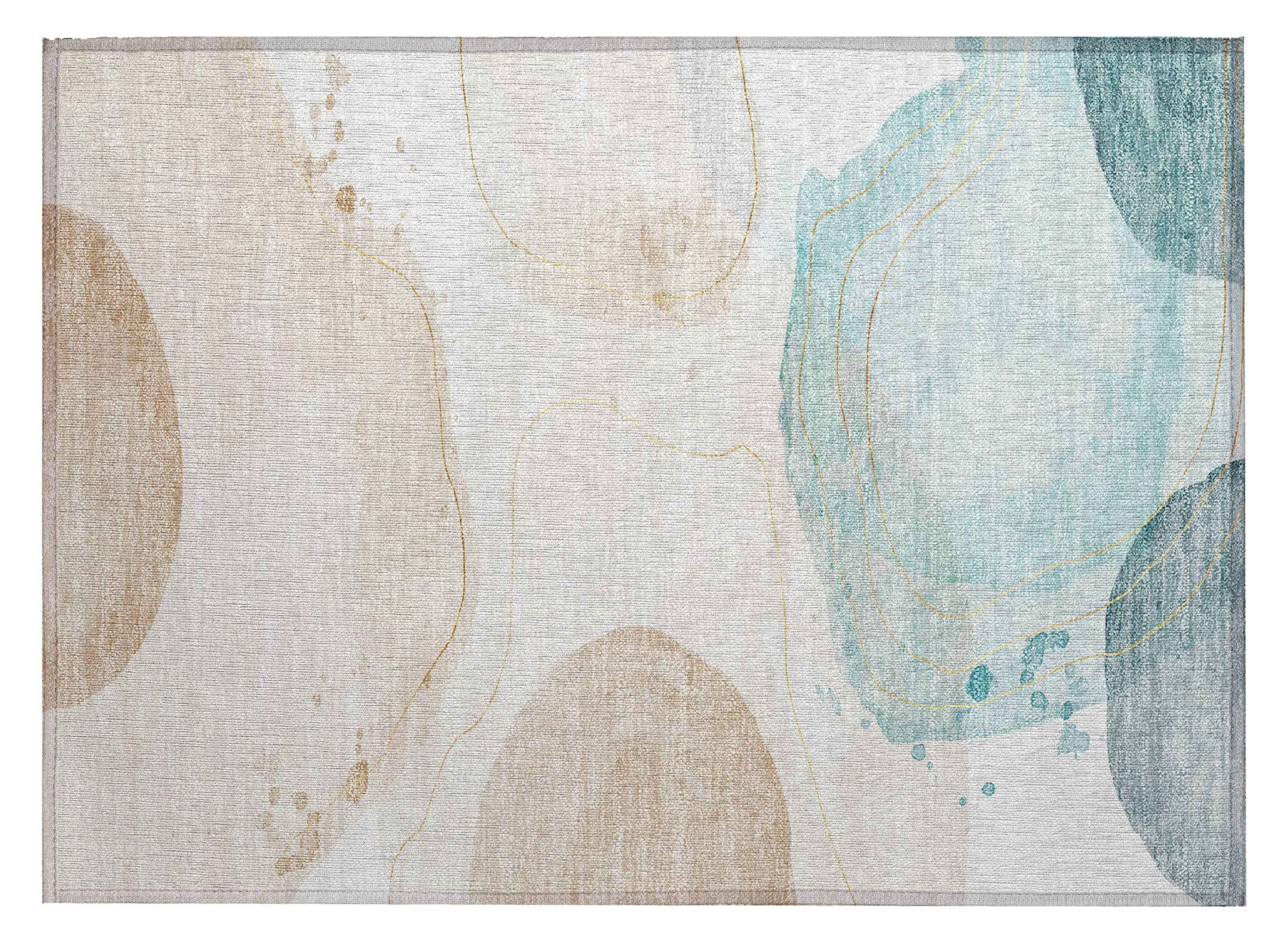 2' X 3' Beige and Blue Abstract Washable Non Skid Indoor Outdoor Area Rug
