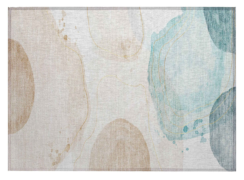 2' X 3' Beige and Blue Abstract Washable Non Skid Indoor Outdoor Area Rug