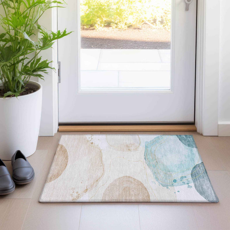 2' X 3' Beige and Blue Abstract Washable Non Skid Indoor Outdoor Area Rug