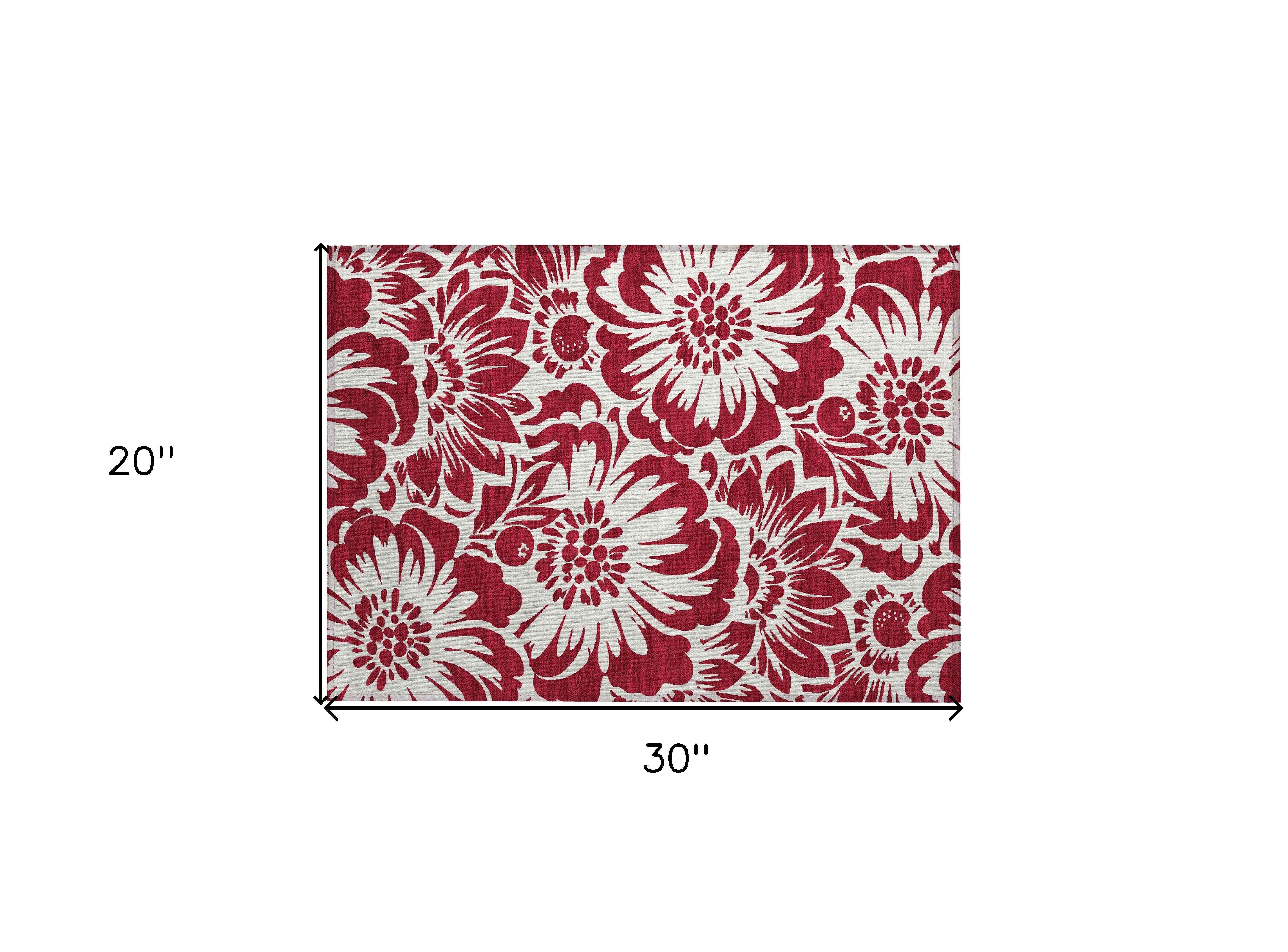 2' X 3' Burgundy and White Floral Washable Non Skid Indoor Outdoor Area Rug