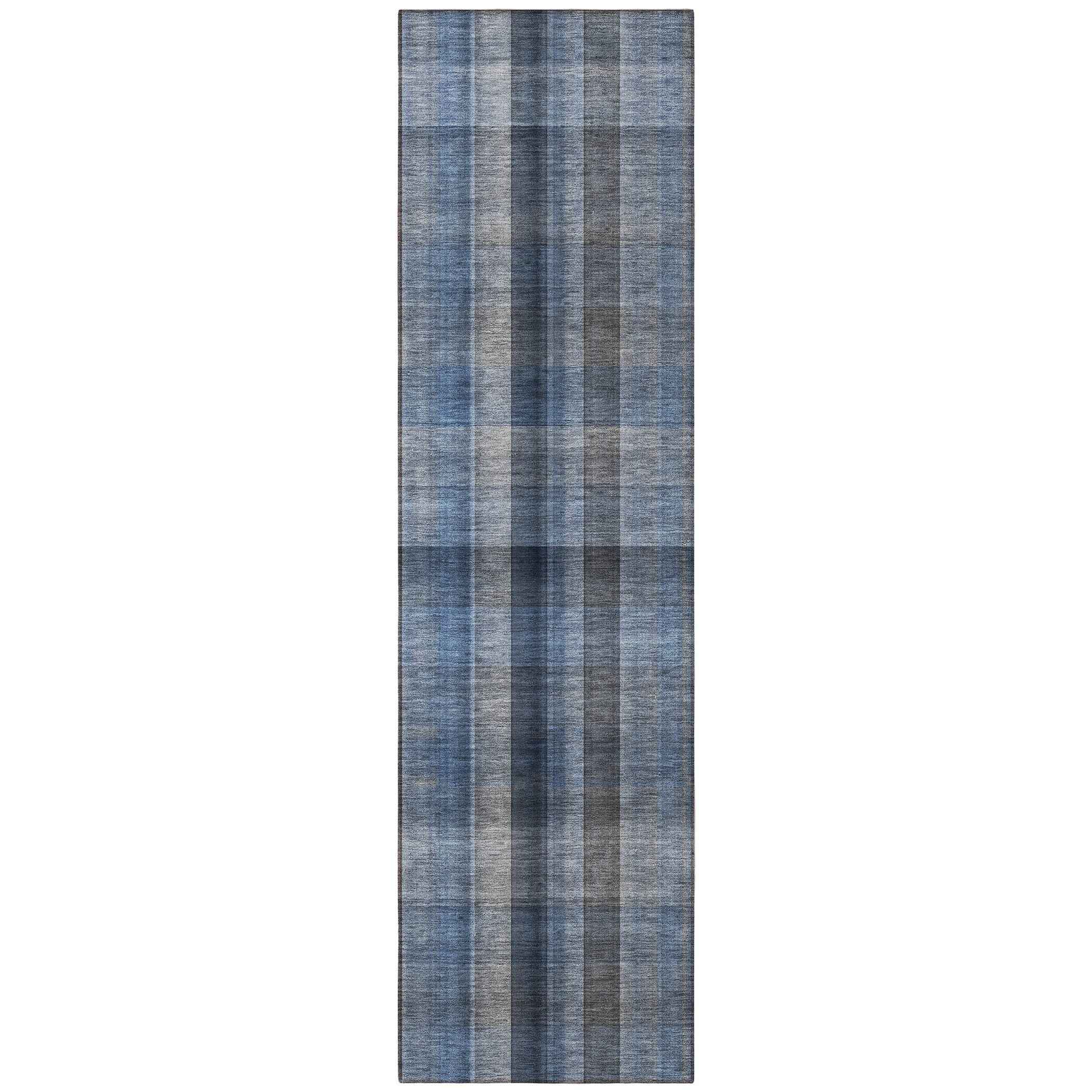 8' Runner Blue Plaid Washable Non Skid Indoor Outdoor Runner Rug