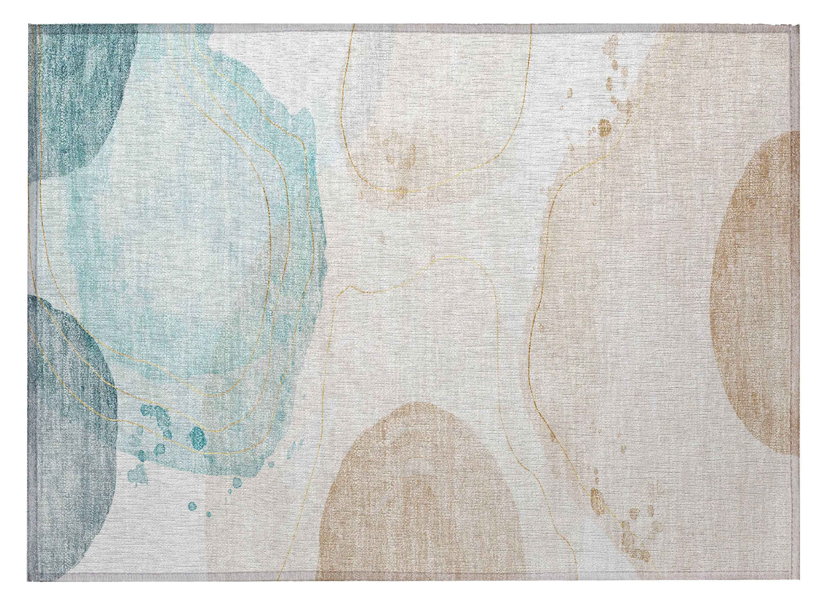 2' X 3' Beige and Blue Abstract Washable Non Skid Indoor Outdoor Area Rug