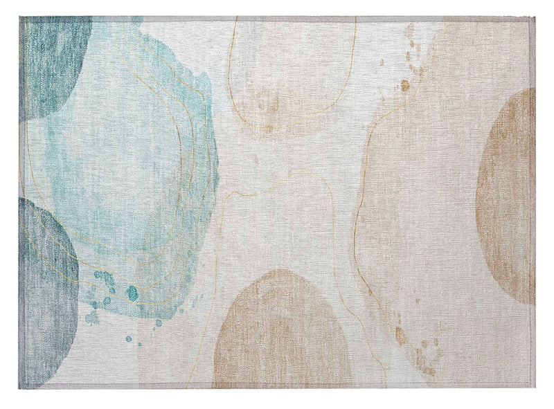 2' X 3' Beige and Blue Abstract Washable Non Skid Indoor Outdoor Area Rug