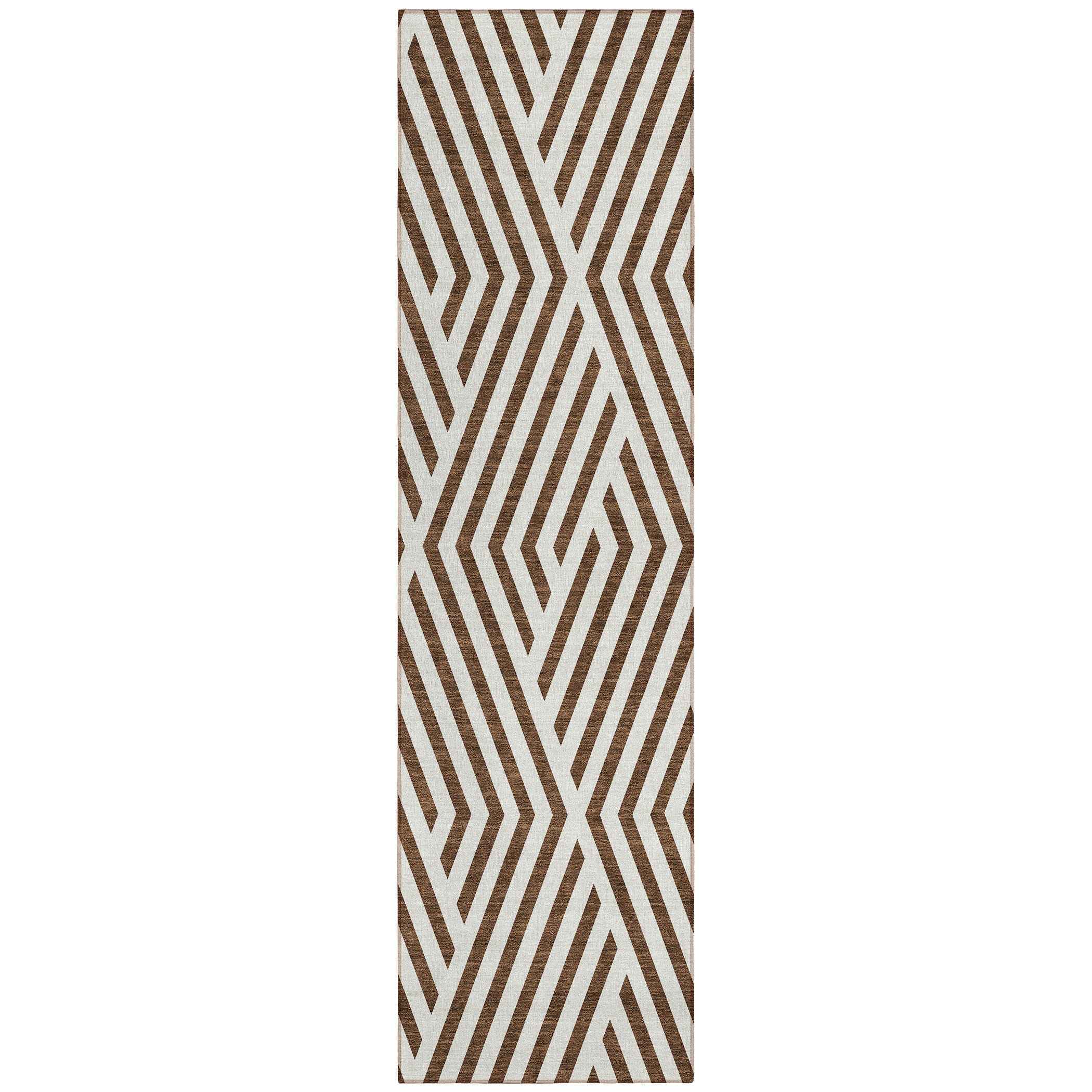 8' Runner Brown and White Geometric Washable Non Skid Indoor Outdoor Runner Rug