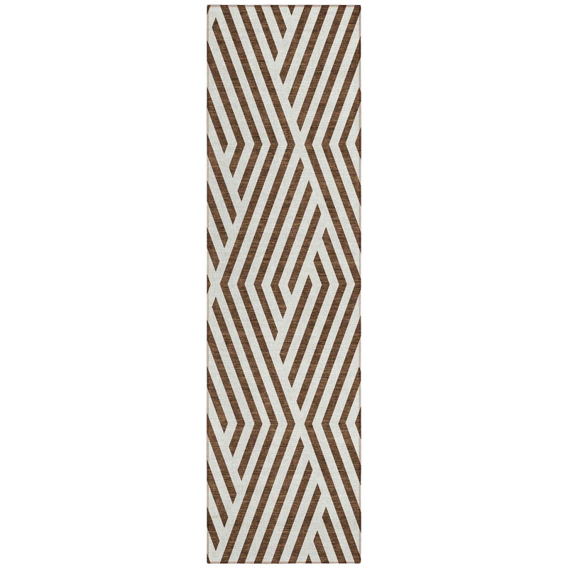 8' Runner Brown and White Geometric Washable Non Skid Indoor Outdoor Runner Rug