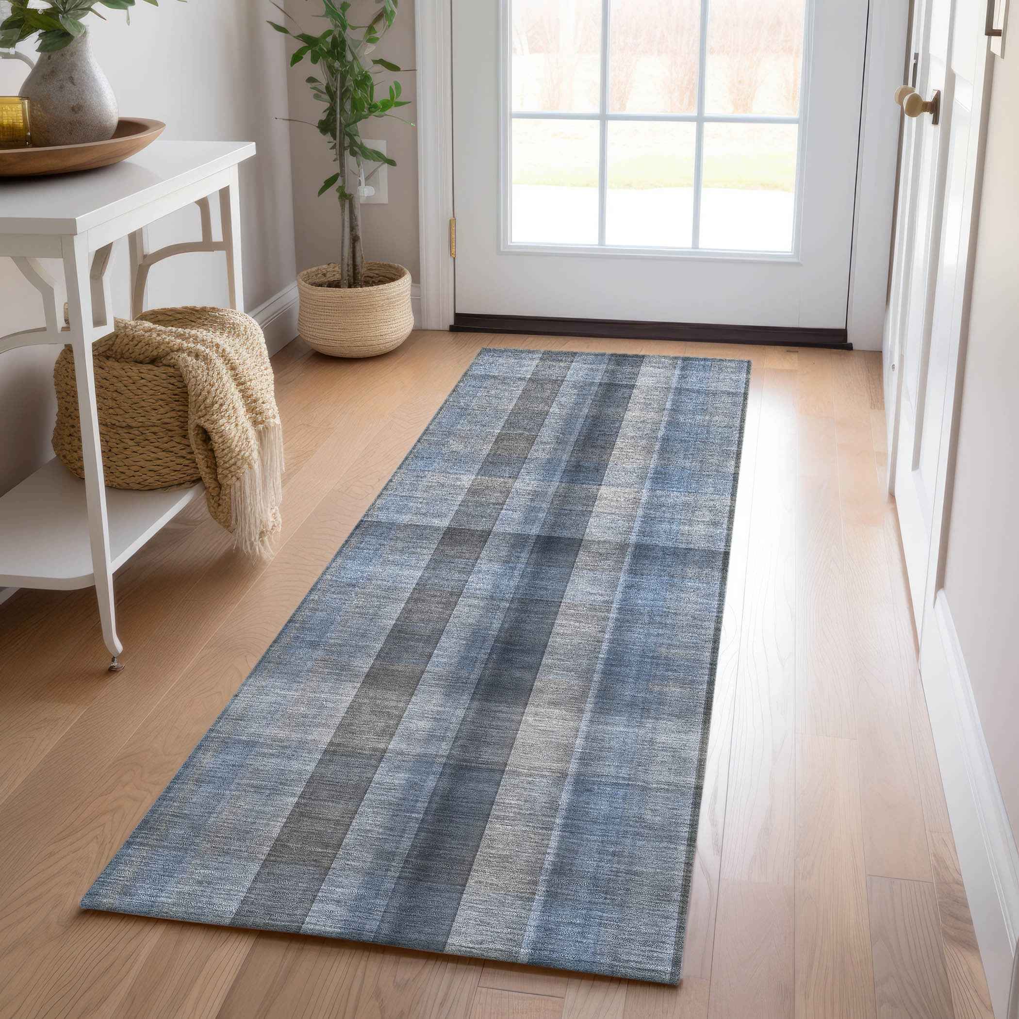 8' Runner Blue Plaid Washable Non Skid Indoor Outdoor Runner Rug