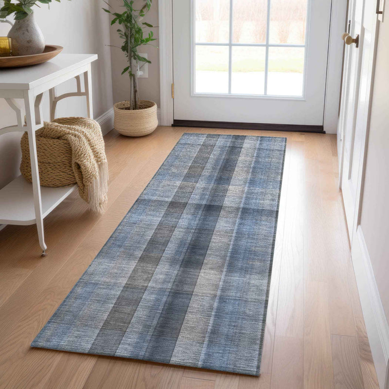 8' Runner Blue Plaid Washable Non Skid Indoor Outdoor Runner Rug