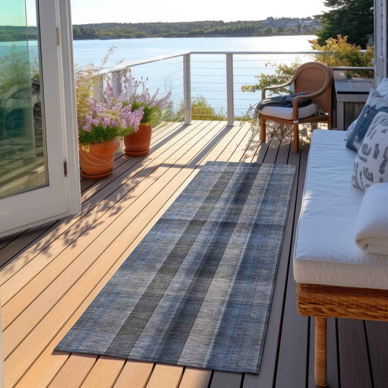 8' Runner Blue Plaid Washable Non Skid Indoor Outdoor Runner Rug