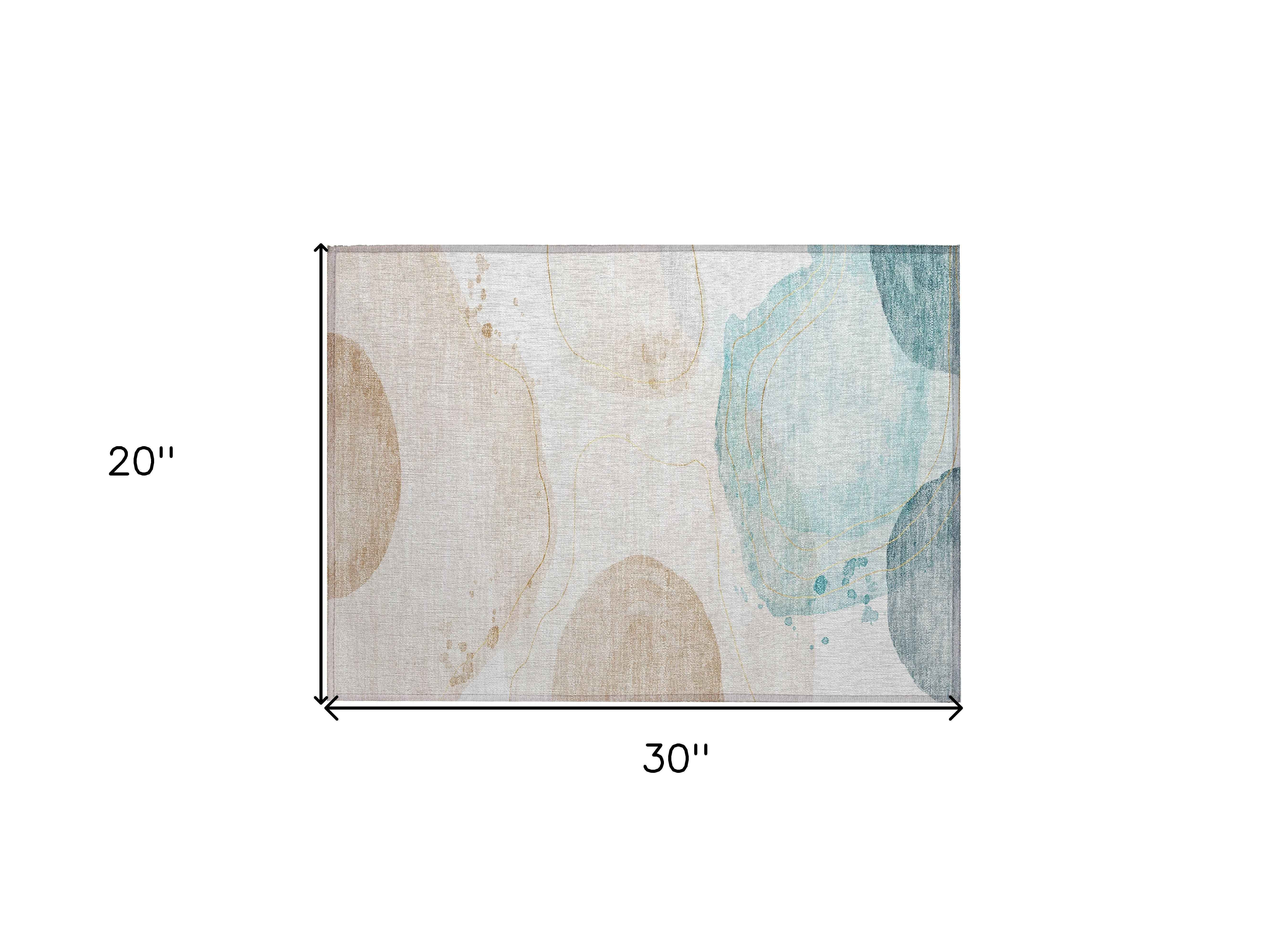 2' X 3' Beige and Blue Abstract Washable Non Skid Indoor Outdoor Area Rug