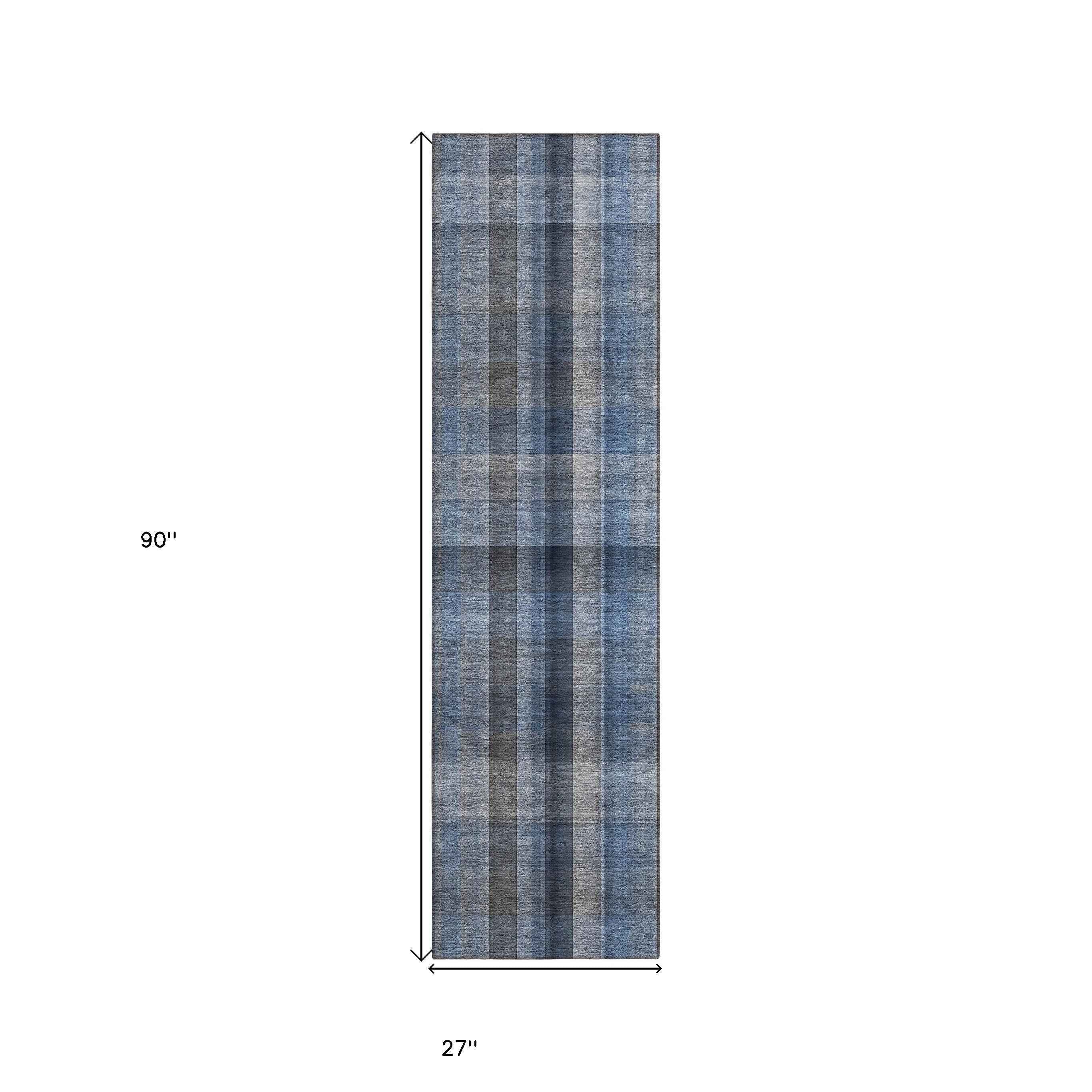 8' Runner Blue Plaid Washable Non Skid Indoor Outdoor Runner Rug