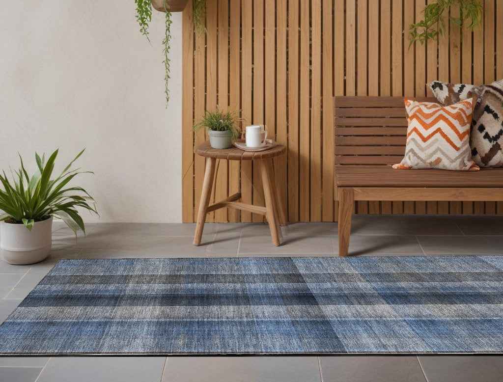 8' Runner Blue Plaid Washable Non Skid Indoor Outdoor Runner Rug