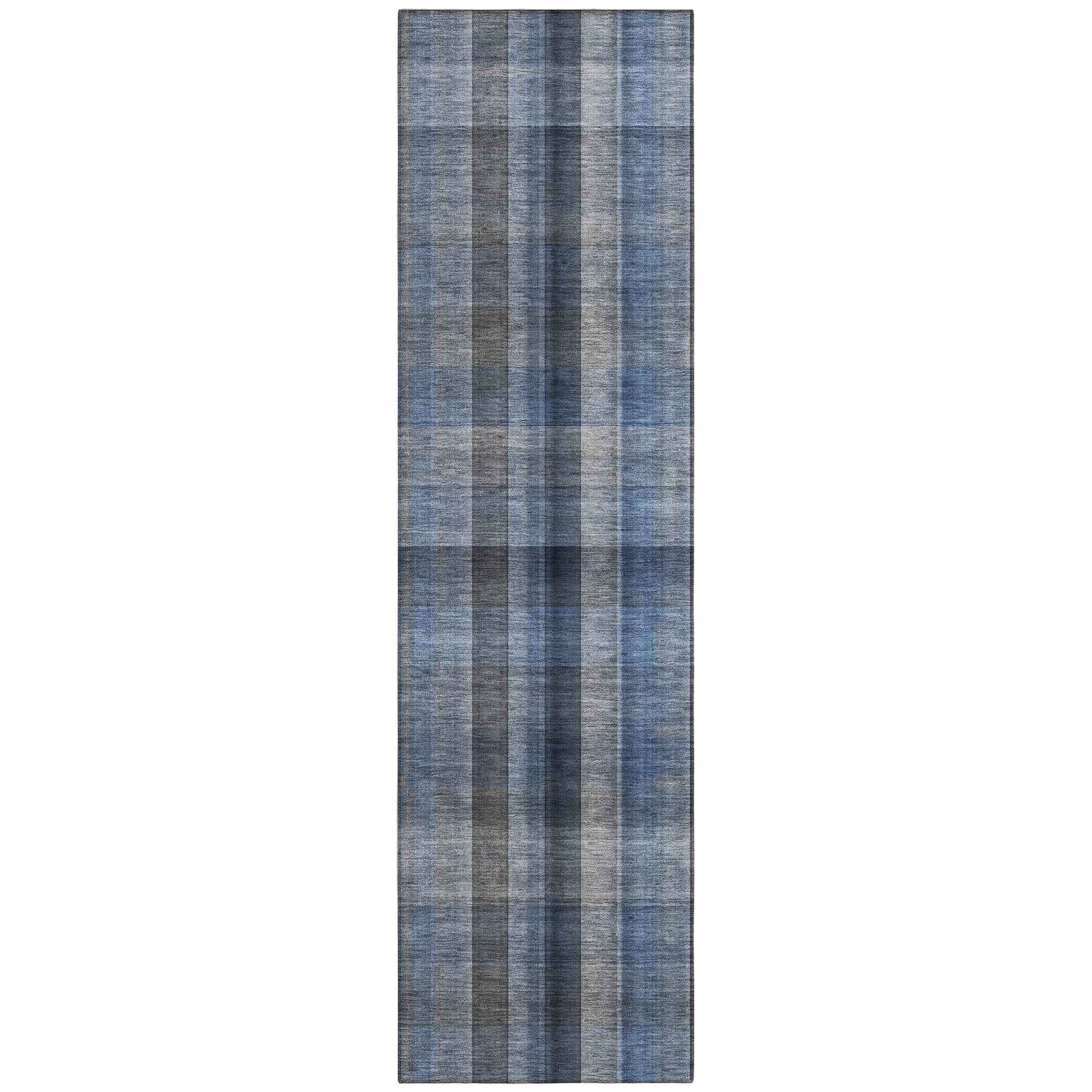 8' Runner Blue Plaid Washable Non Skid Indoor Outdoor Runner Rug