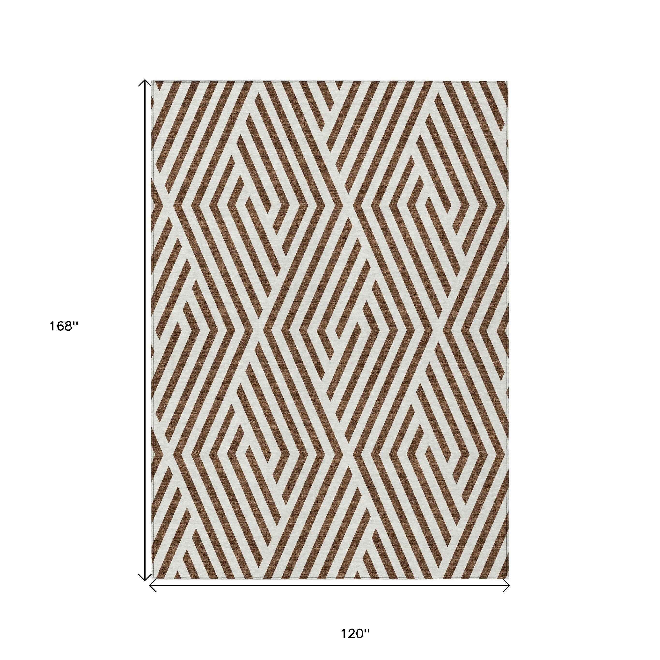 10' X 14' Brown and White Geometric Washable Non Skid Indoor Outdoor Area Rug