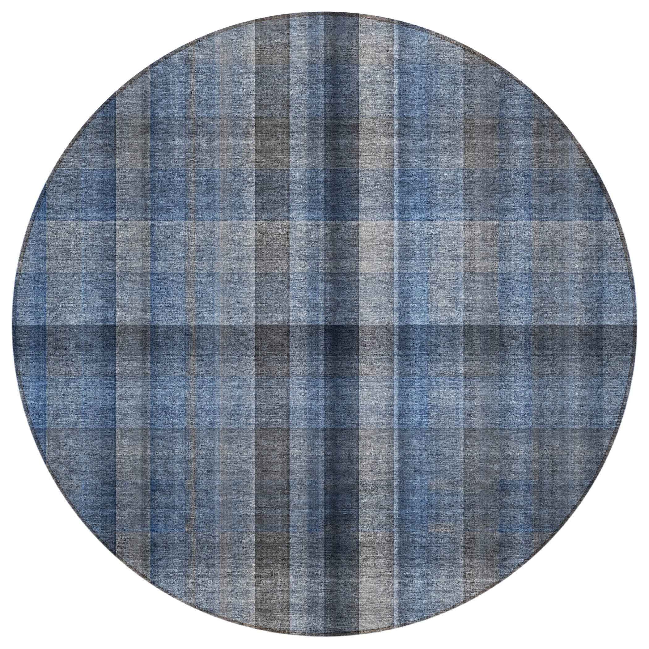 8' Round Blue Round Plaid Washable Non Skid Indoor Outdoor Area Rug