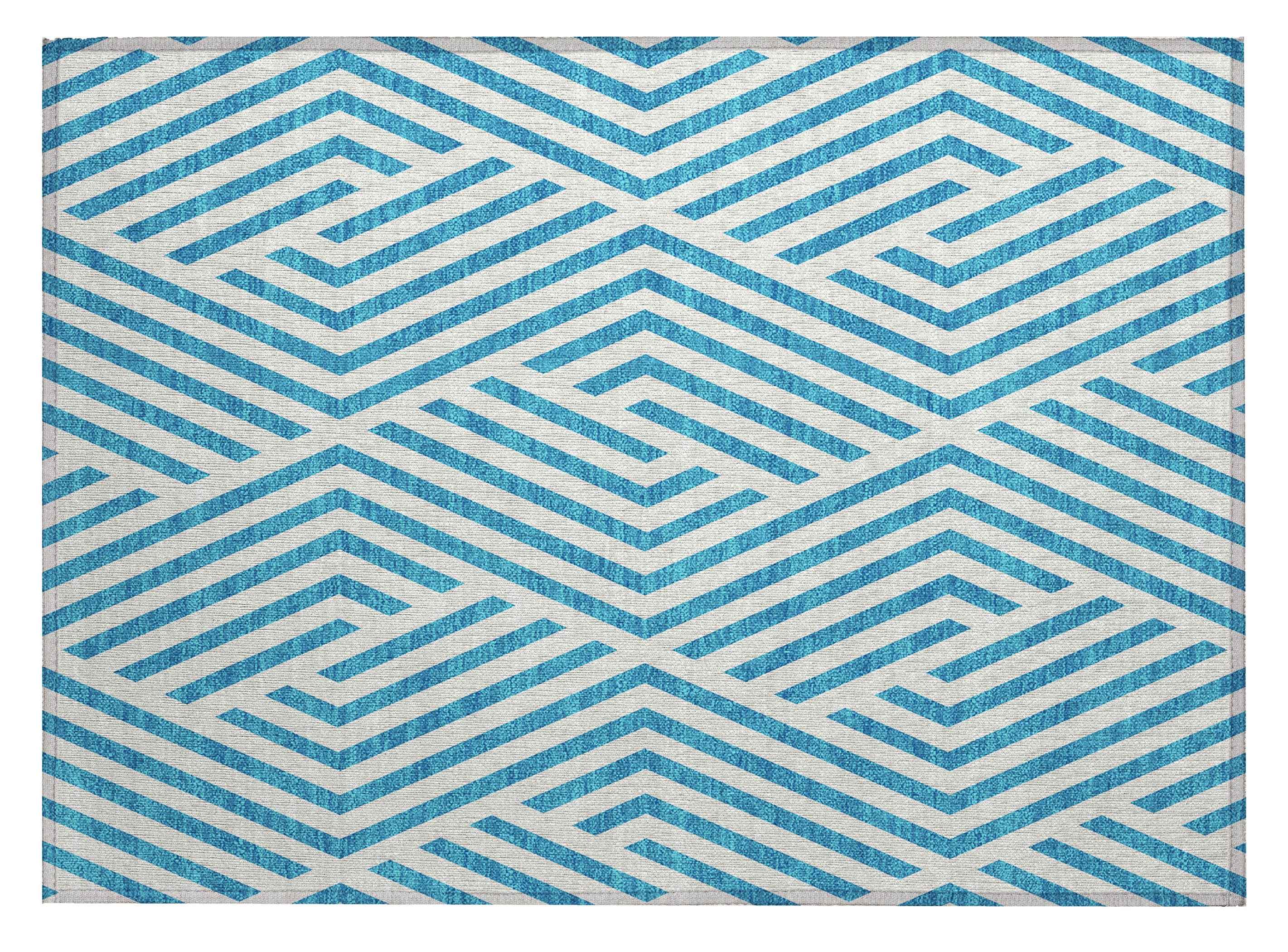 2' X 3' Teal and White Geometric Washable Non Skid Indoor Outdoor Area Rug