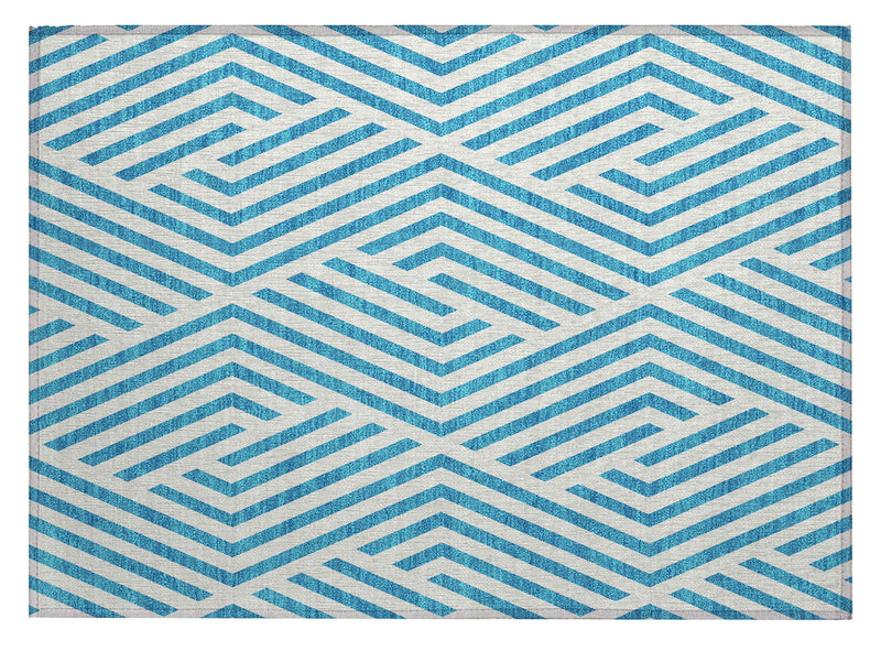 2' X 3' Teal and White Geometric Washable Non Skid Indoor Outdoor Area Rug