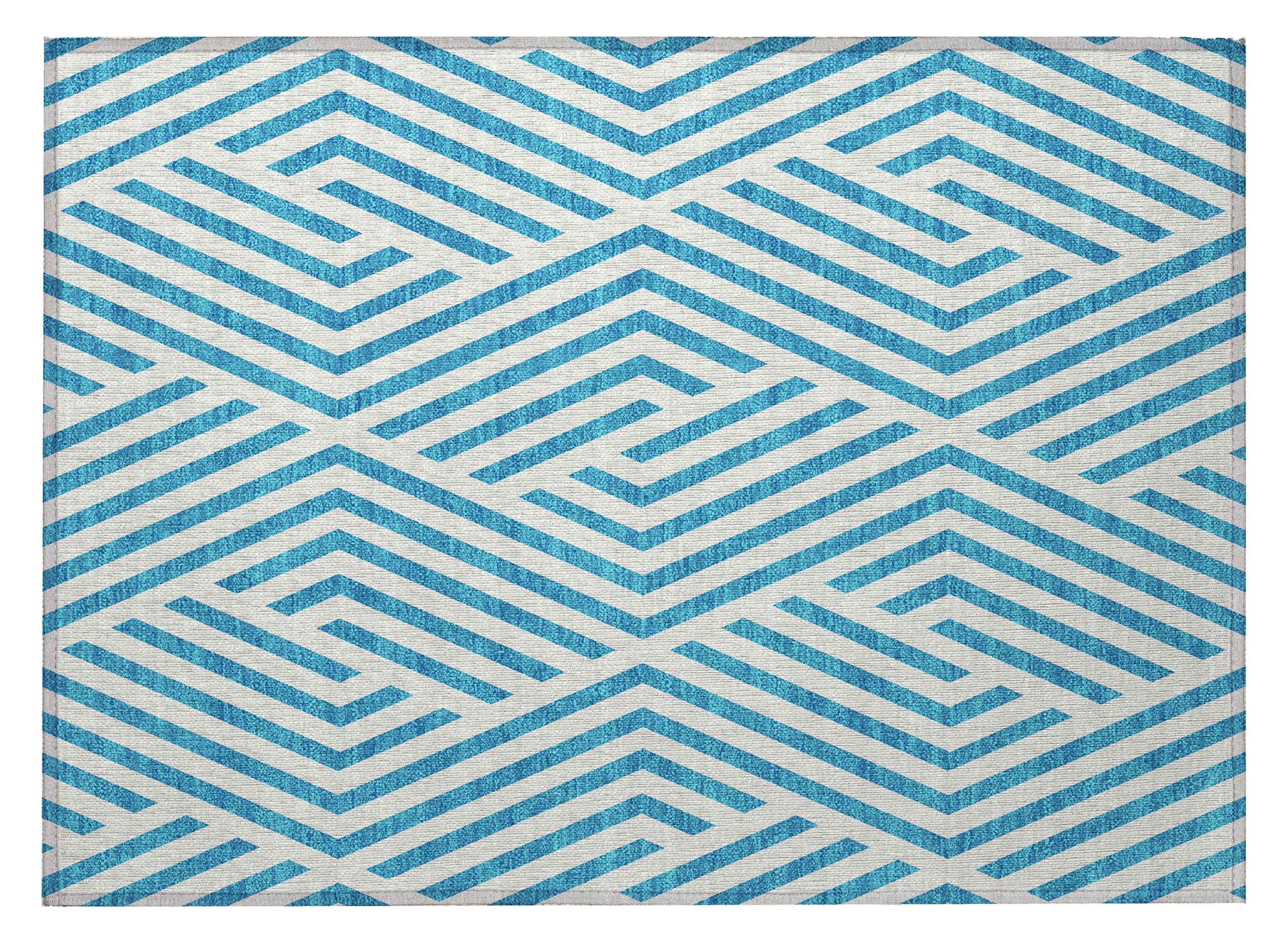 2' X 3' Teal and White Geometric Washable Non Skid Indoor Outdoor Area Rug