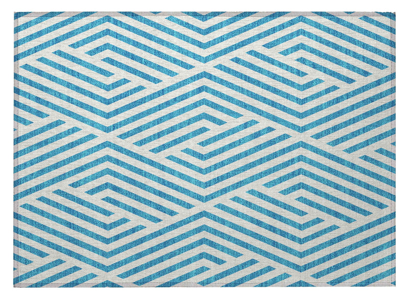 2' X 3' Teal and White Geometric Washable Non Skid Indoor Outdoor Area Rug