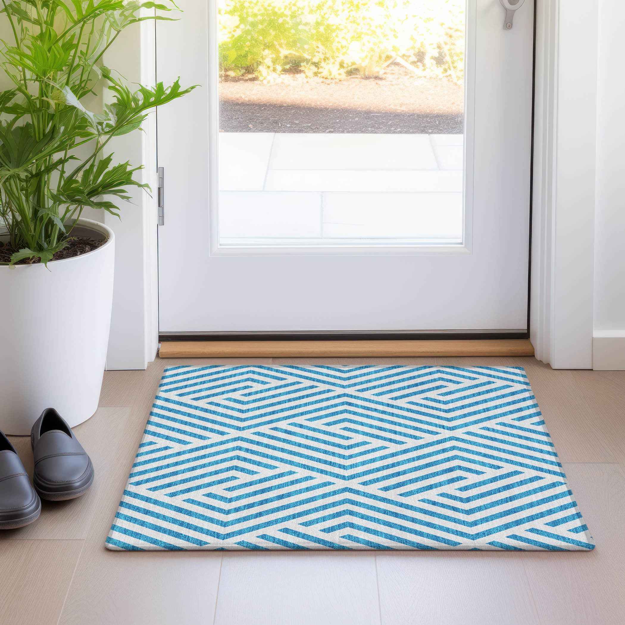 2' X 3' Teal and White Geometric Washable Non Skid Indoor Outdoor Area Rug