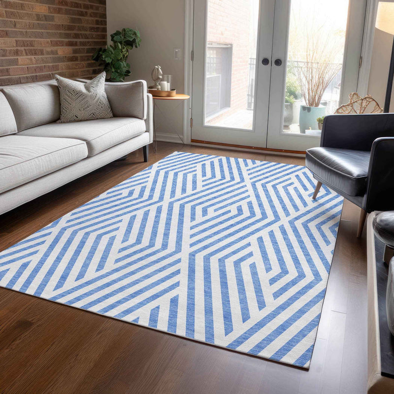 9' X 12' Blue and Ivory Geometric Washable Non Skid Indoor Outdoor Area Rug