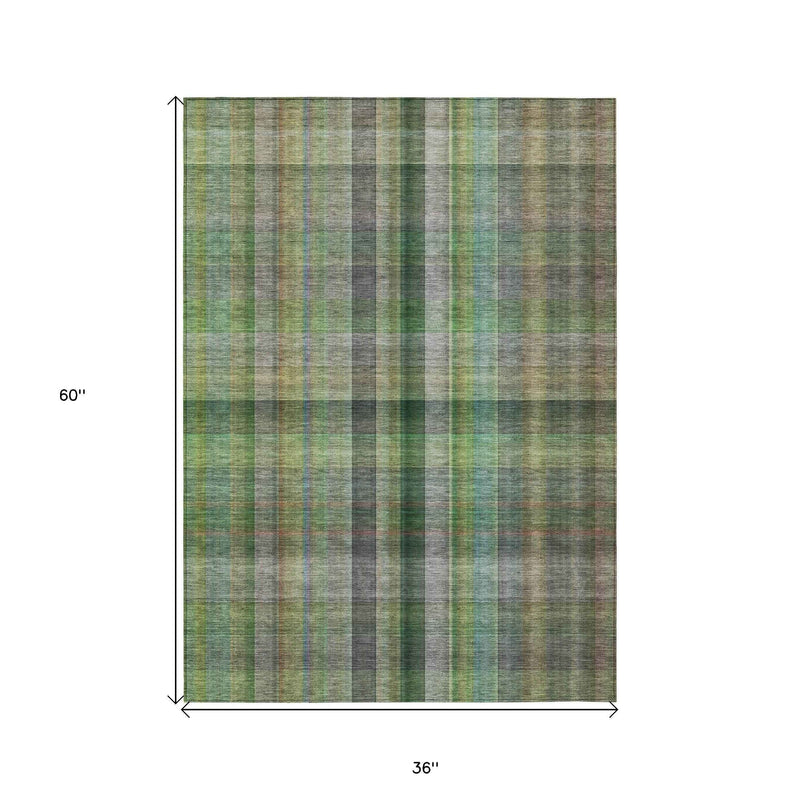 3' X 5' Green Plaid Washable Non Skid Indoor Outdoor Area Rug
