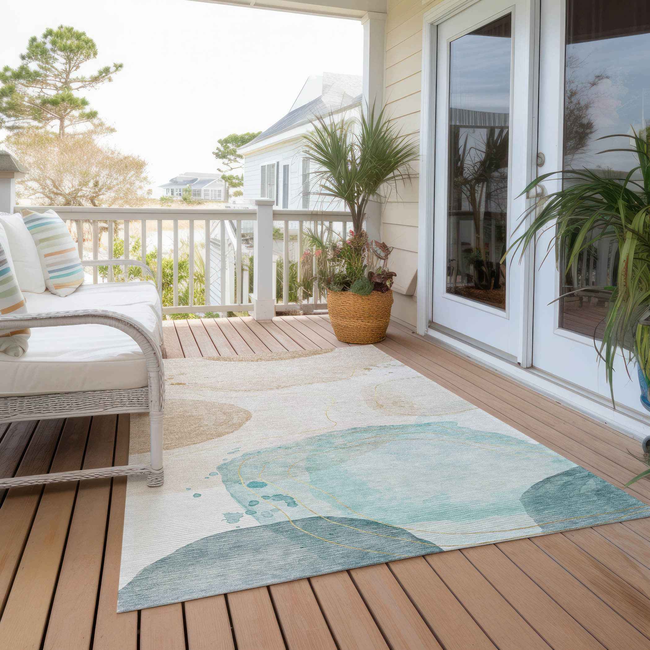 10' X 14' Beige and Blue Abstract Washable Non Skid Indoor Outdoor Area Rug