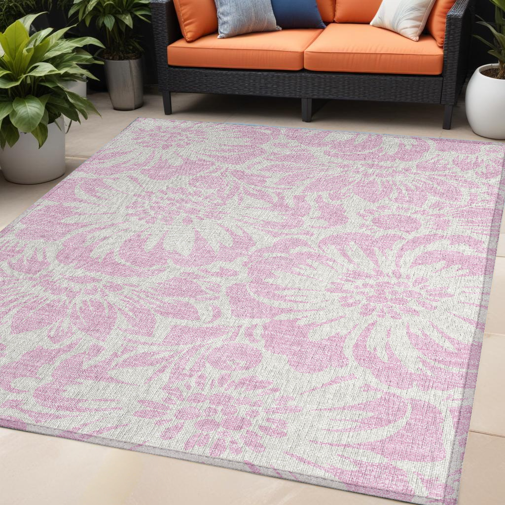 5' X 8' Pink and Ivory Floral Washable Non Skid Indoor Outdoor Area Rug