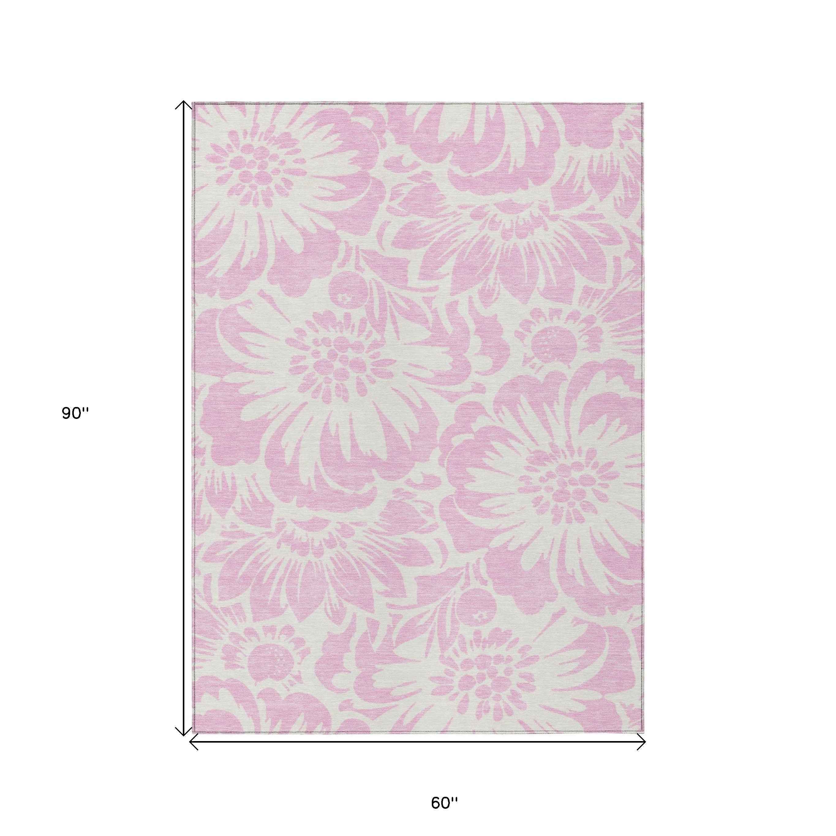 5' X 8' Pink and Ivory Floral Washable Non Skid Indoor Outdoor Area Rug