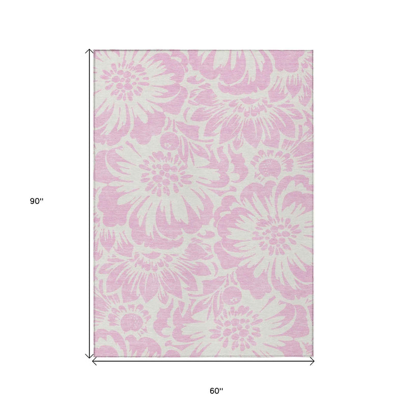 5' X 8' Pink and Ivory Floral Washable Non Skid Indoor Outdoor Area Rug