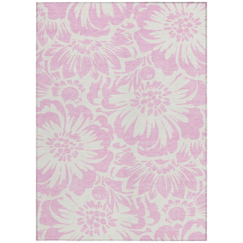 5' X 8' Pink and Ivory Floral Washable Non Skid Indoor Outdoor Area Rug