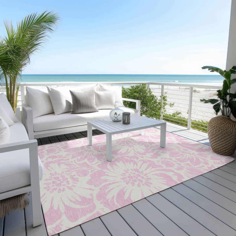 5' X 8' Pink and Ivory Floral Washable Non Skid Indoor Outdoor Area Rug