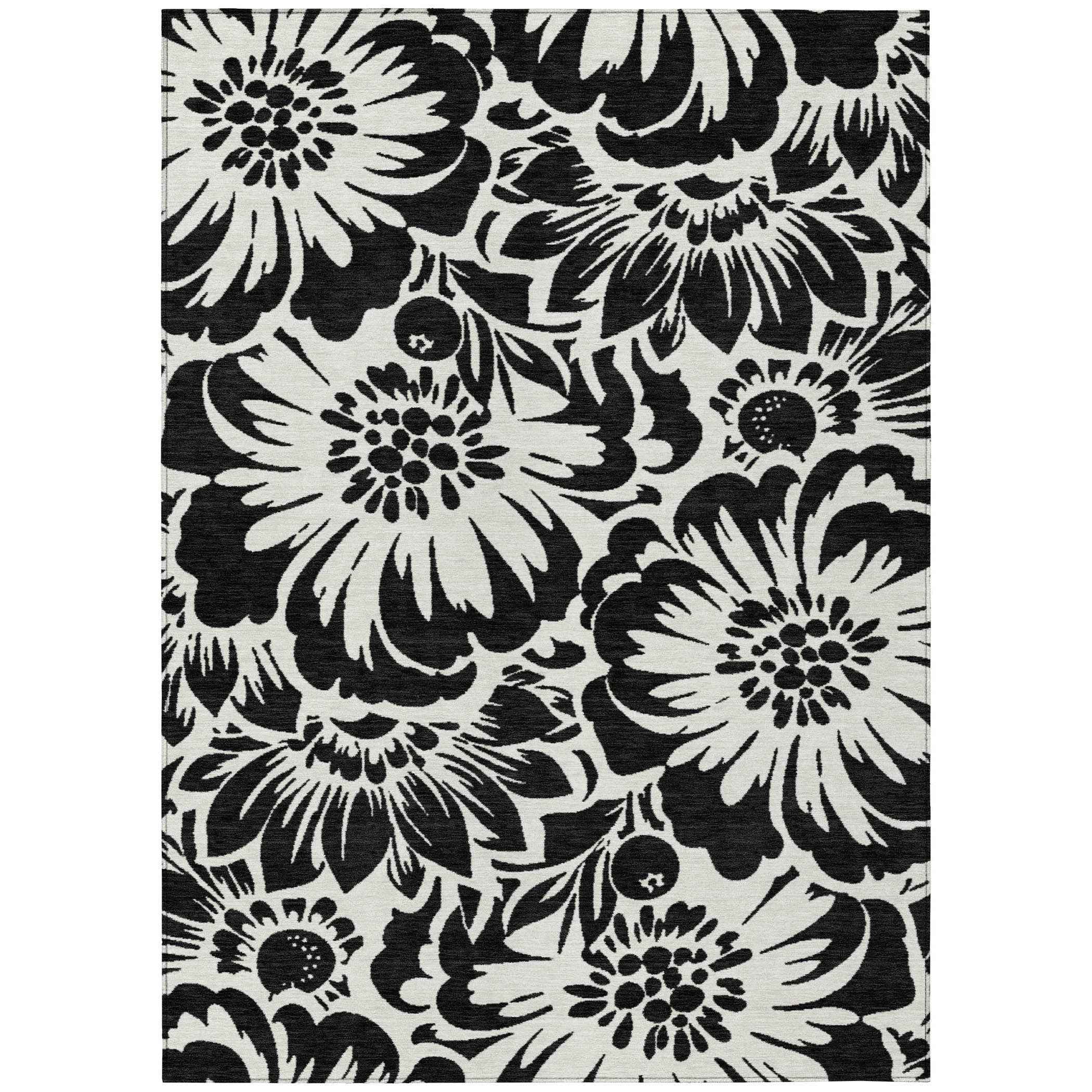 10' X 14' Black and Ivory Floral Washable Non Skid Indoor Outdoor Area Rug